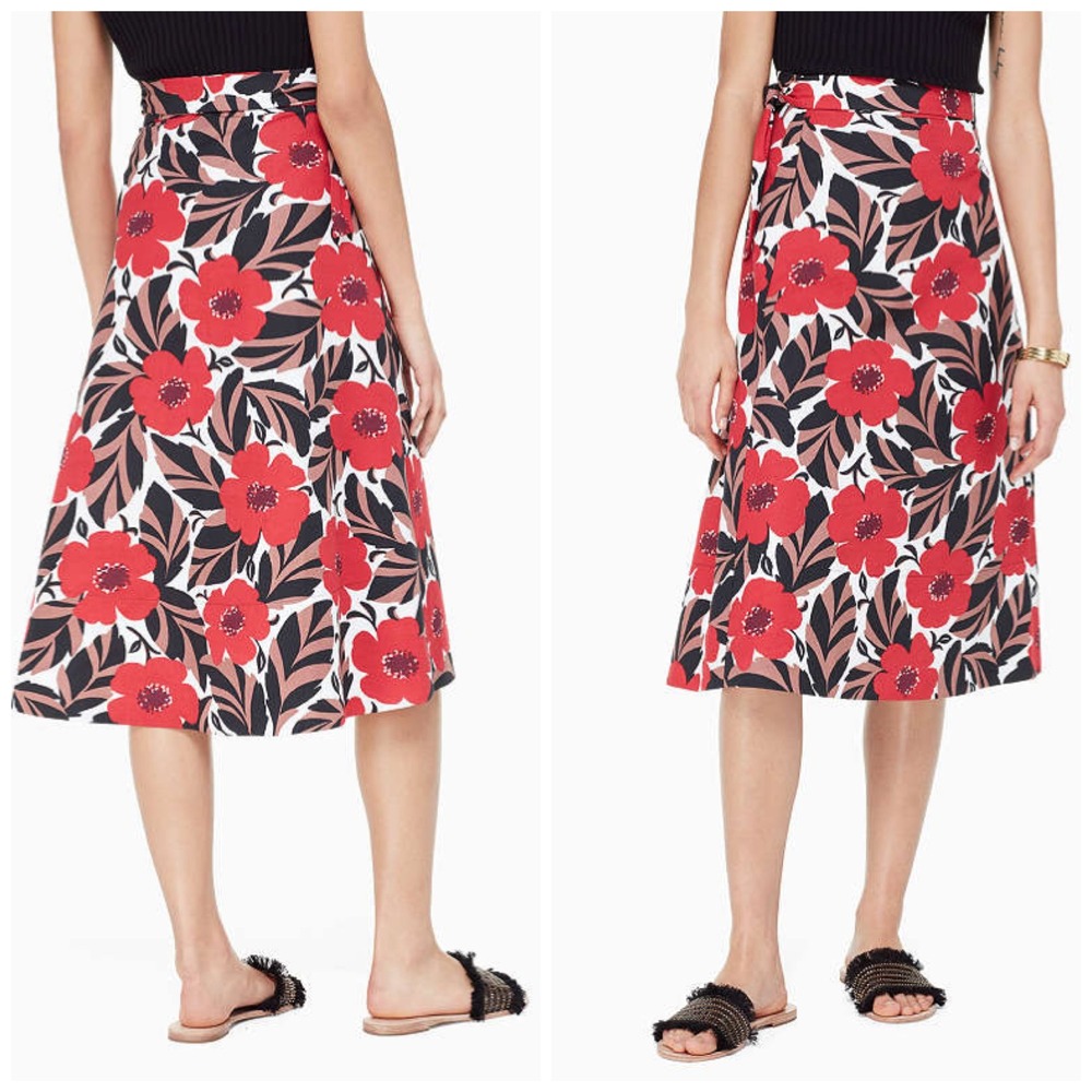 Kate Spade New York Red Floral Midi Wrap‎ Tie Skirt Poppy Fields Print A-Line 2